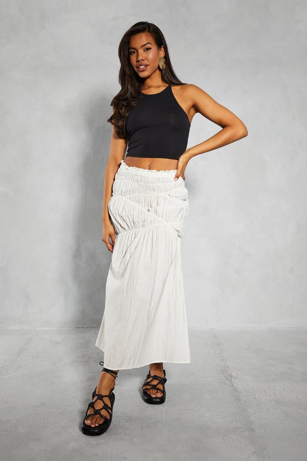MissPap Elastic Detail Textured Maxi Skirt White image 1