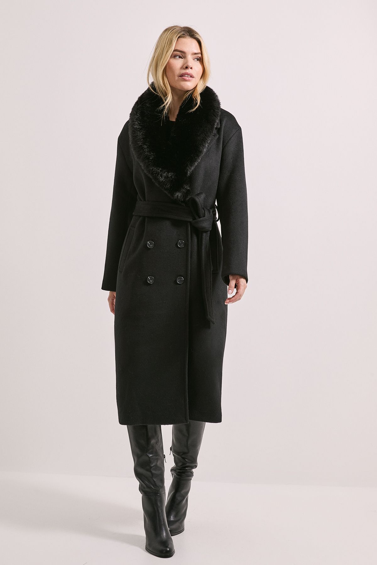 Dorothy Perkins Faux Fur Collar Belted Longline Coat Black