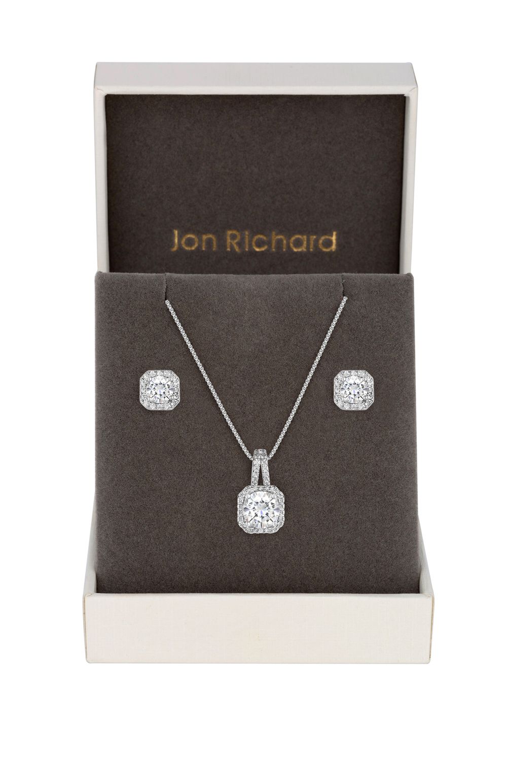 Jon Richard Silver Plated Cubic Zirconia Square Drop Pendant And Earring Set - Gift Boxed
