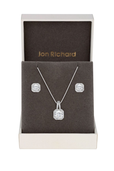 Jon Richard Silver Plated Cubic Zirconia Square Drop Pendant And Earring Set - Gift Boxed