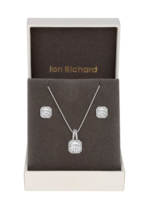 Jon Richard Silver Plated Cubic Zirconia Square Drop Pendant And Earring Set - Gift Boxed