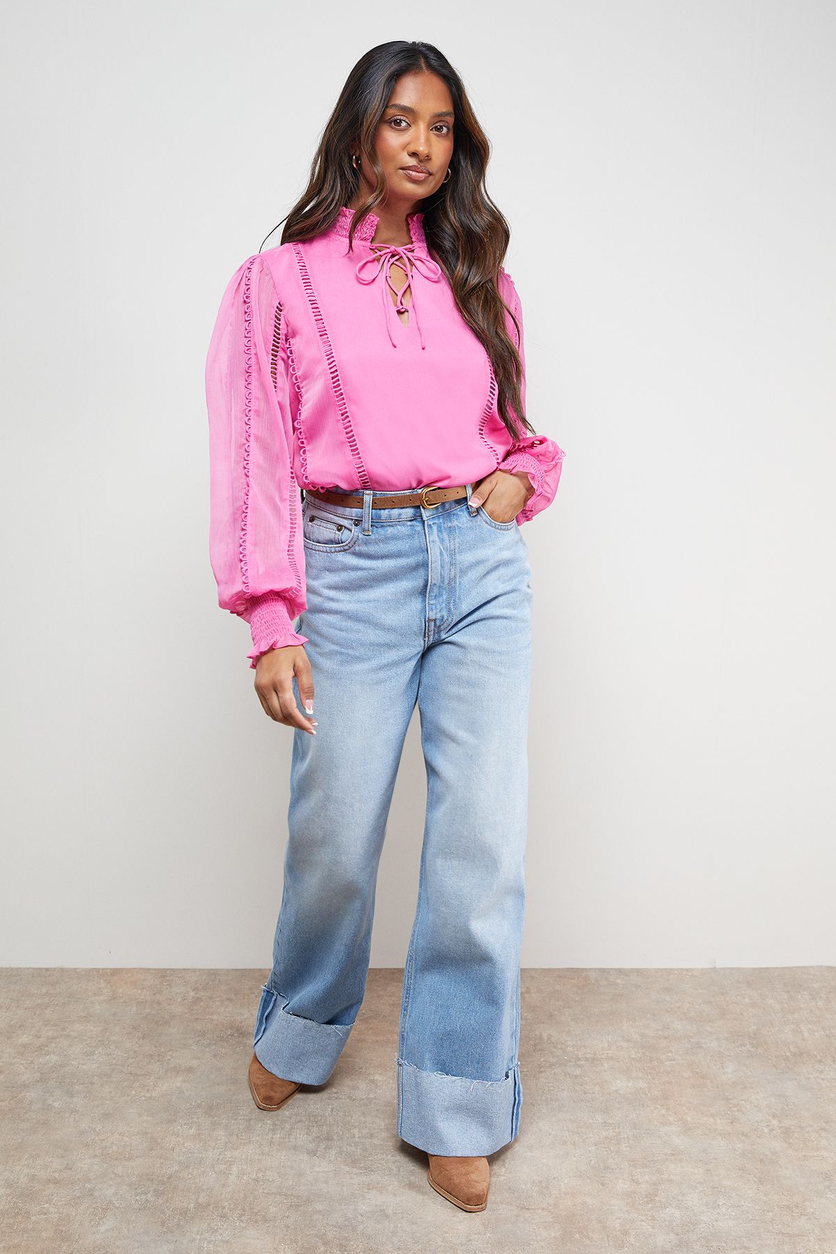 Oasis Tie Neck Ruffle Detail Chiffon Blouse Desert Rose image 2