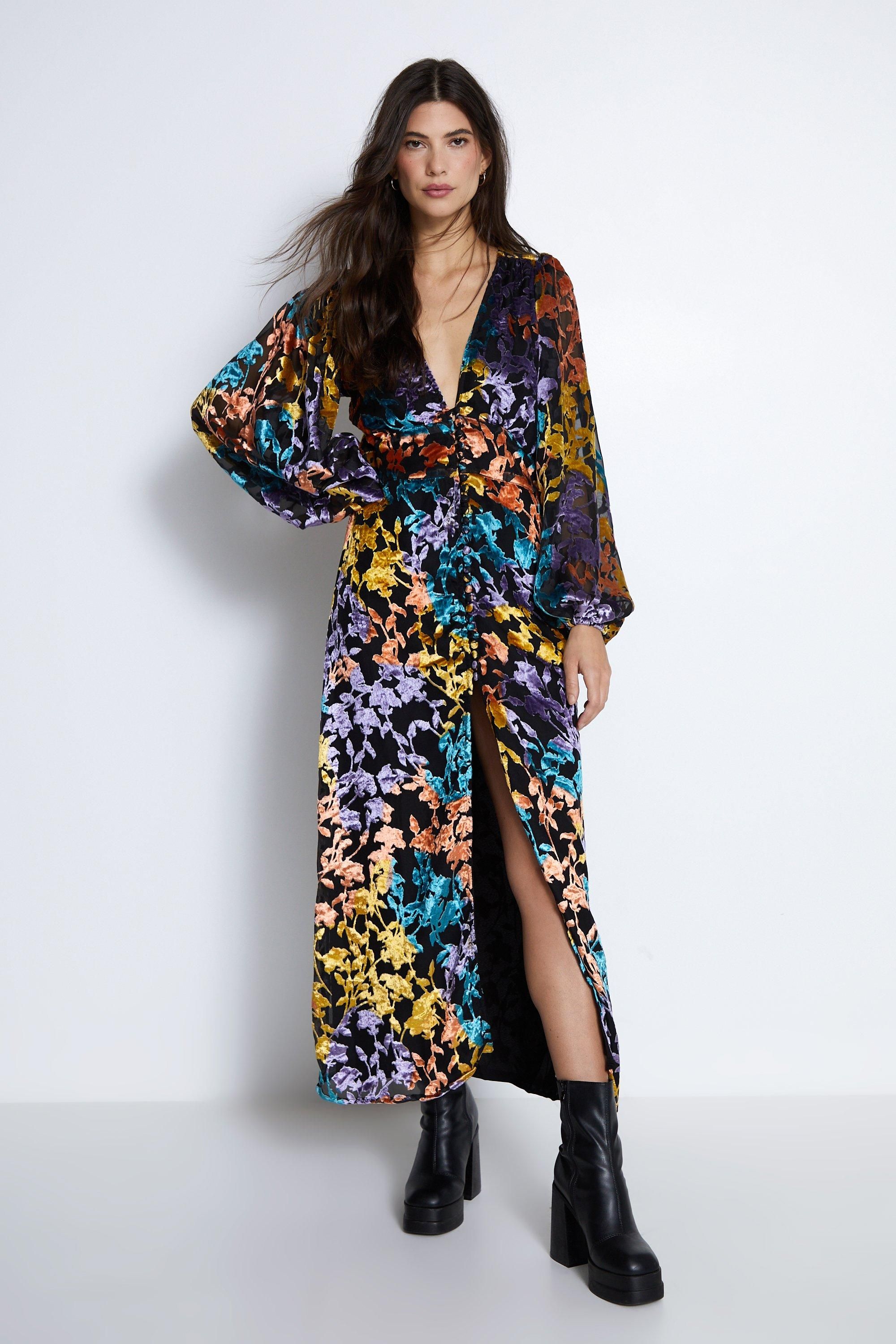 Warehouse Floral Devore Button Through Midi Dress Black image 2