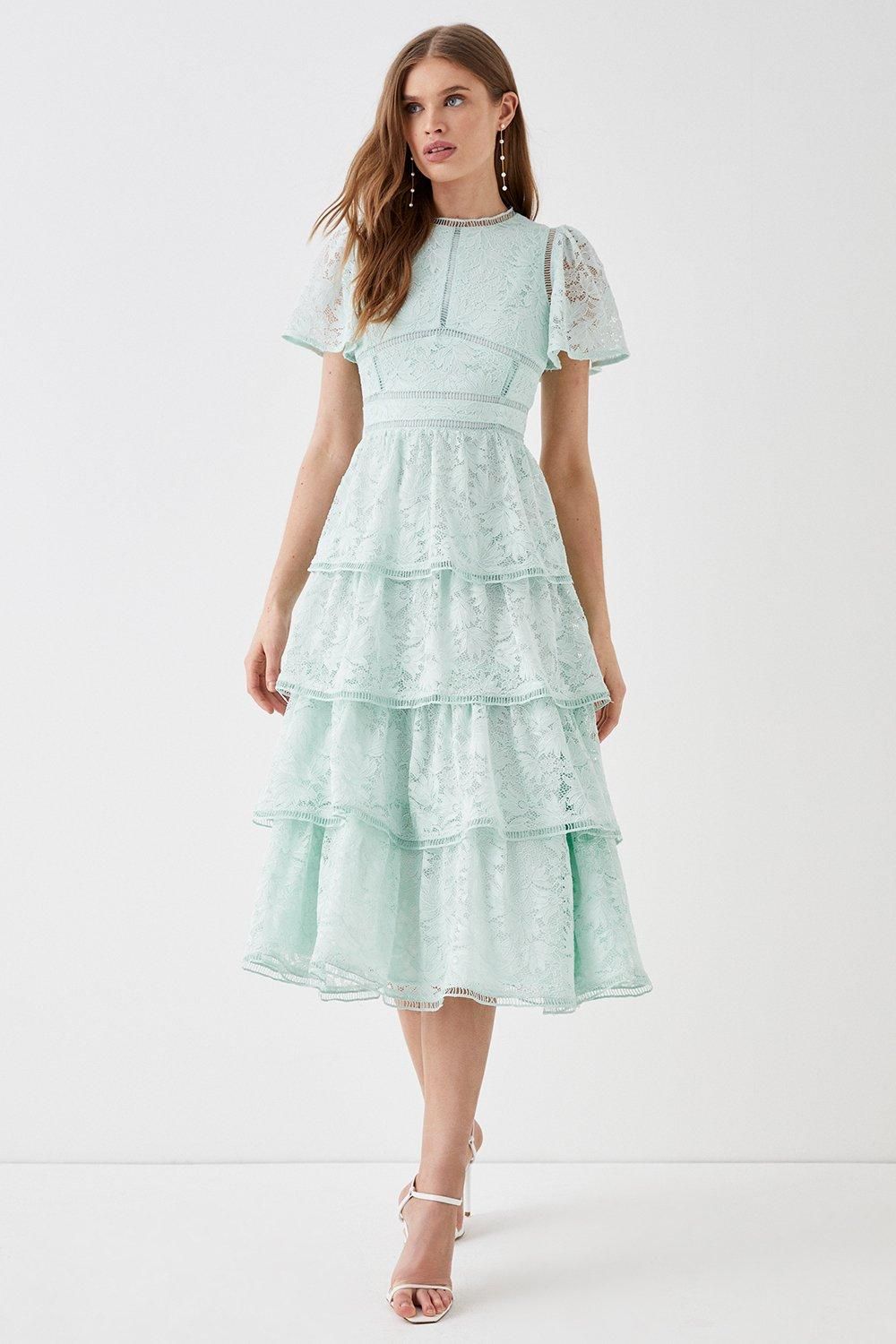 Coast Tiered Lace Dress With Flutter Sleeve & Trims Sage image 1
