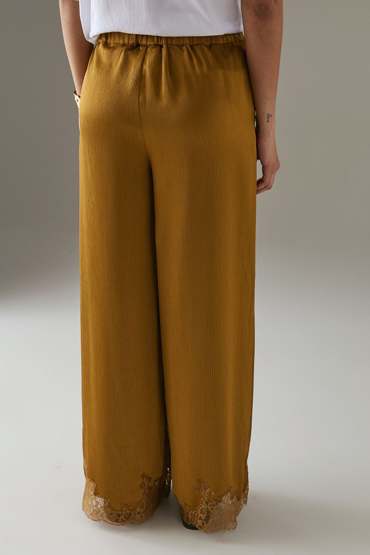 Warehouse Satin Lace Insert High Waisted Wide Leg Trousers Ochre image 3
