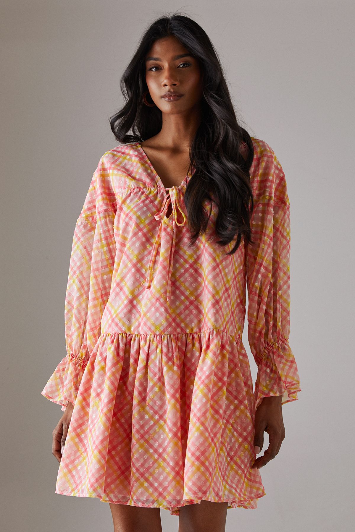 Warehouse Dobby Chiffon Volume Sleeve Smock Mini Dress Multi image 1