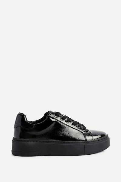 Linzi Reset Black Patent Lace Up Flatform Trainers