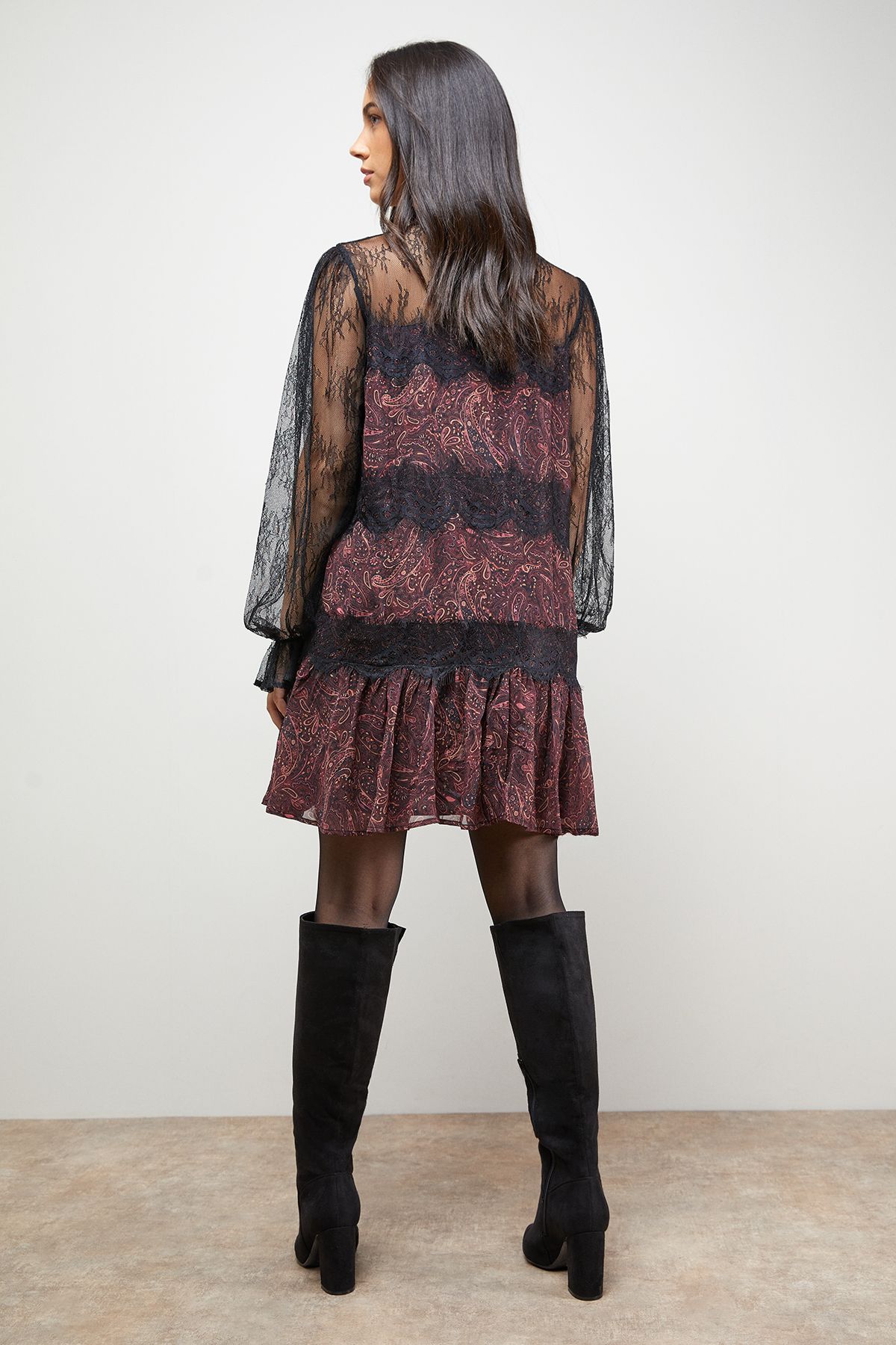 Oasis Printed Lace Tiered High Neck Balloon Sleeve Mini Dress Multi image 3