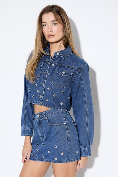 MissPap Eyelet Detail Denim Jacket Mid Wash