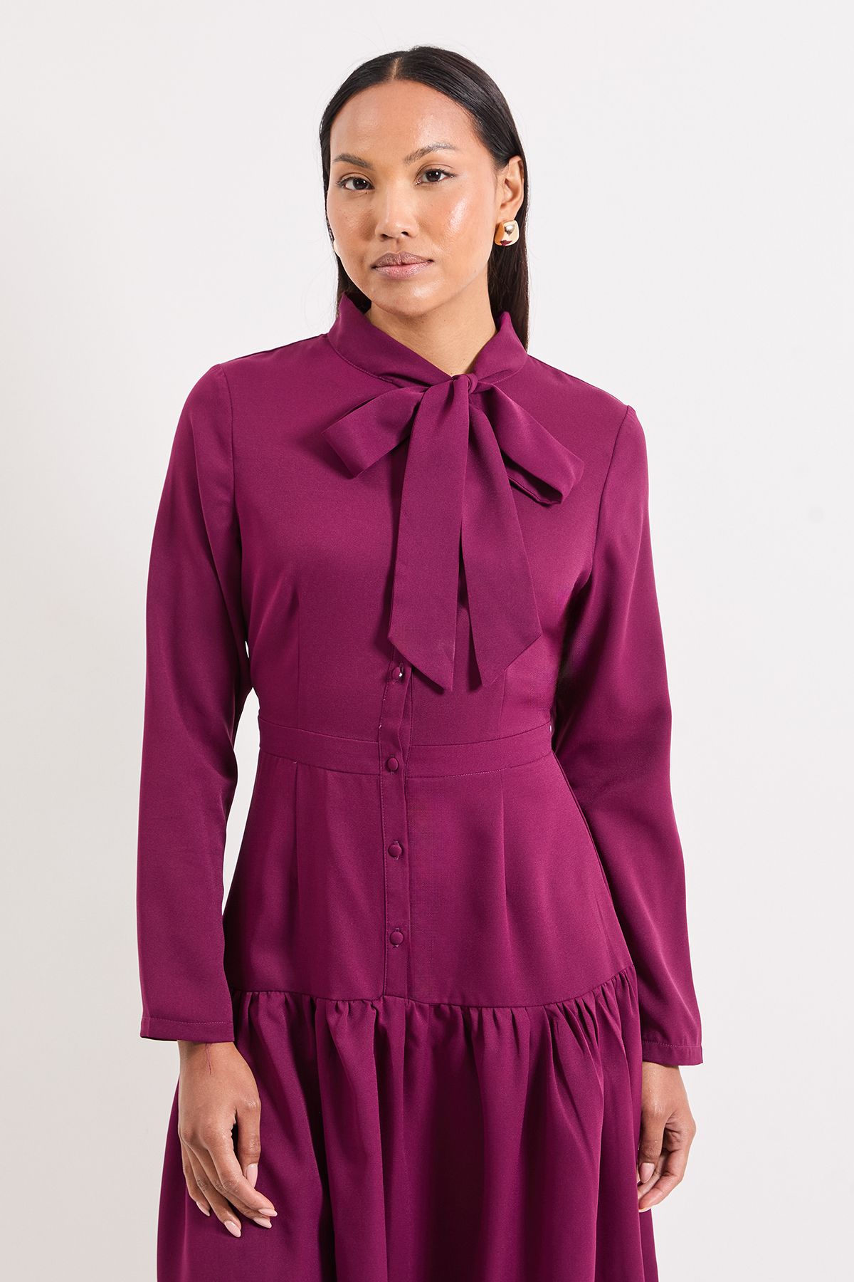 Principles Tie Neck Yolk Detail Crepe Midi Dress Wine image 2