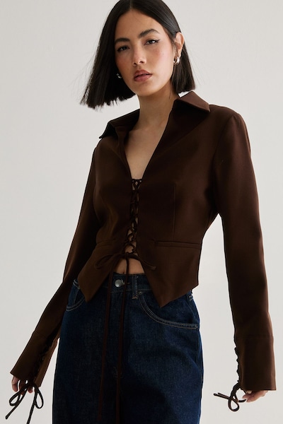 NastyGal Tailored Lace Front Jacket Chocolate