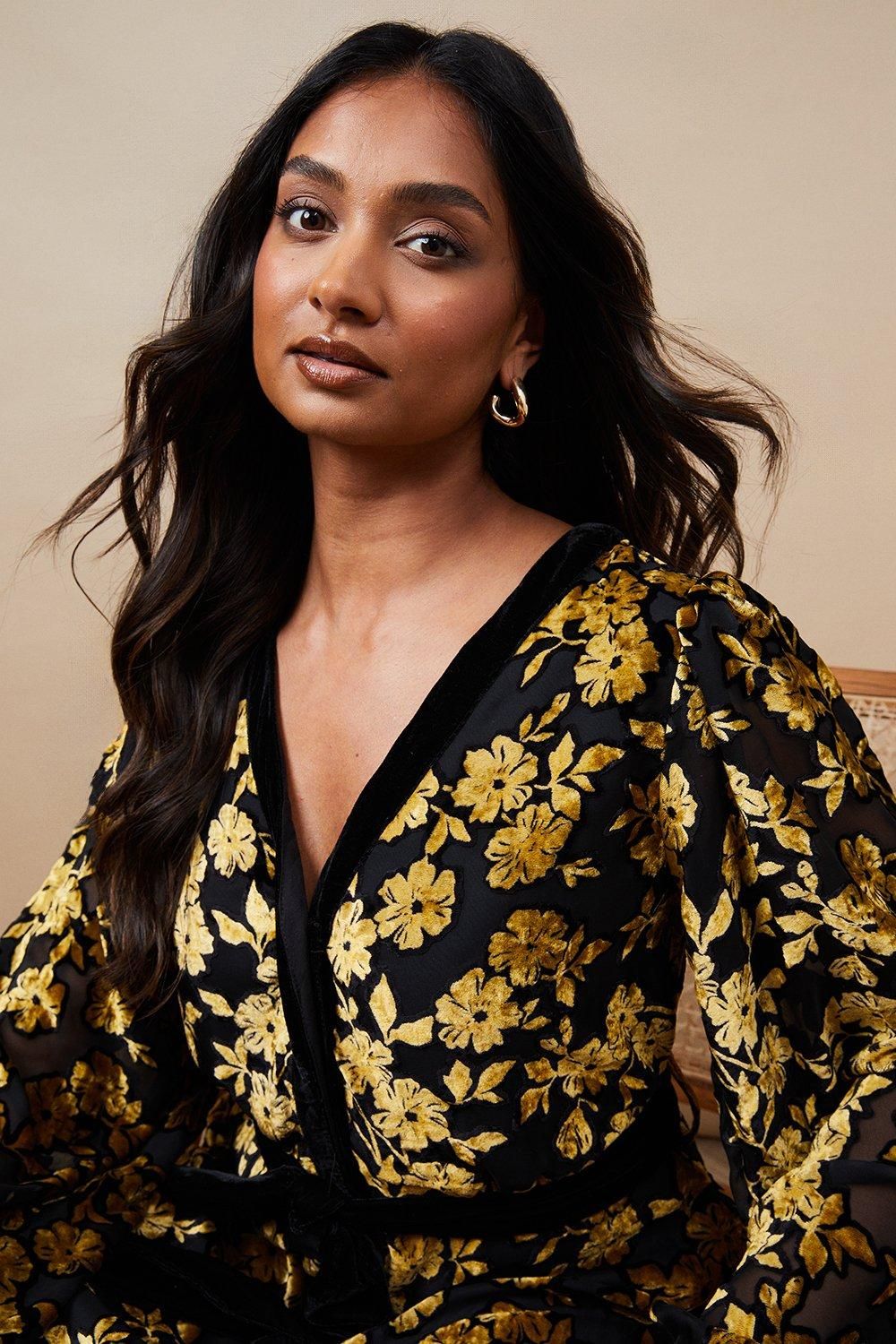 Oasis Floral Contrast Velvet Belt Tie Midi Dress True Black image 4