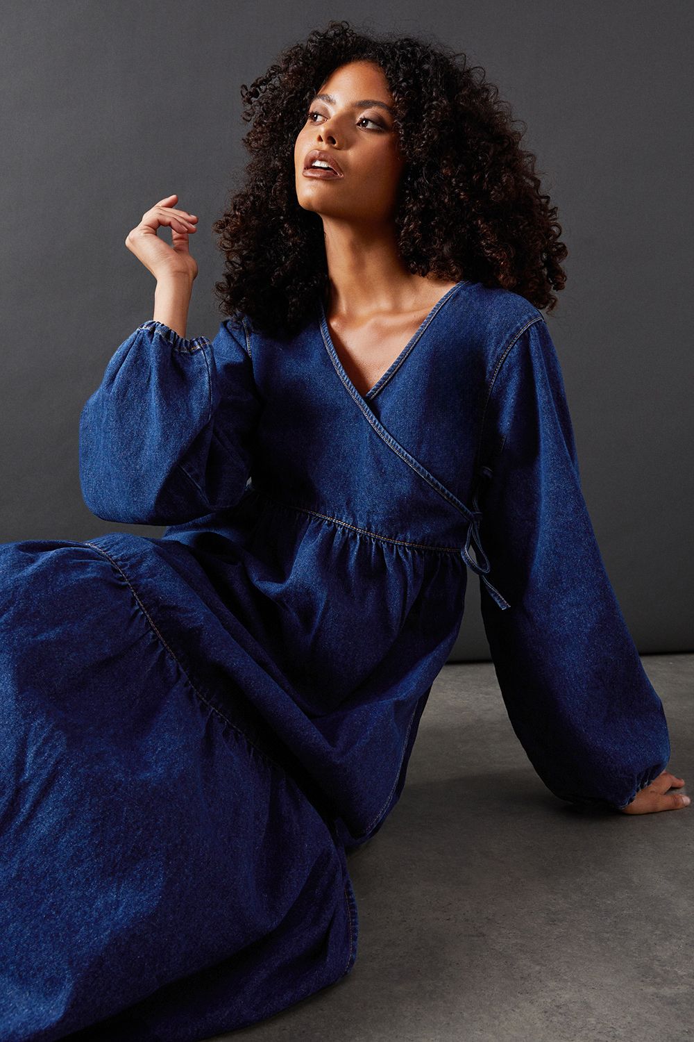 Warehouse Denim Wrap Midi Smock Dress Dark Wash image 1