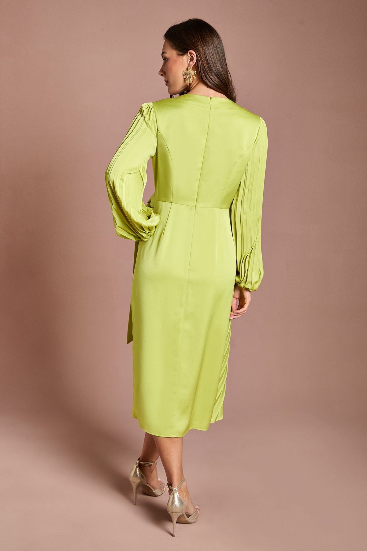 Coast Satin Pleated Wrap Dress Lime image 3