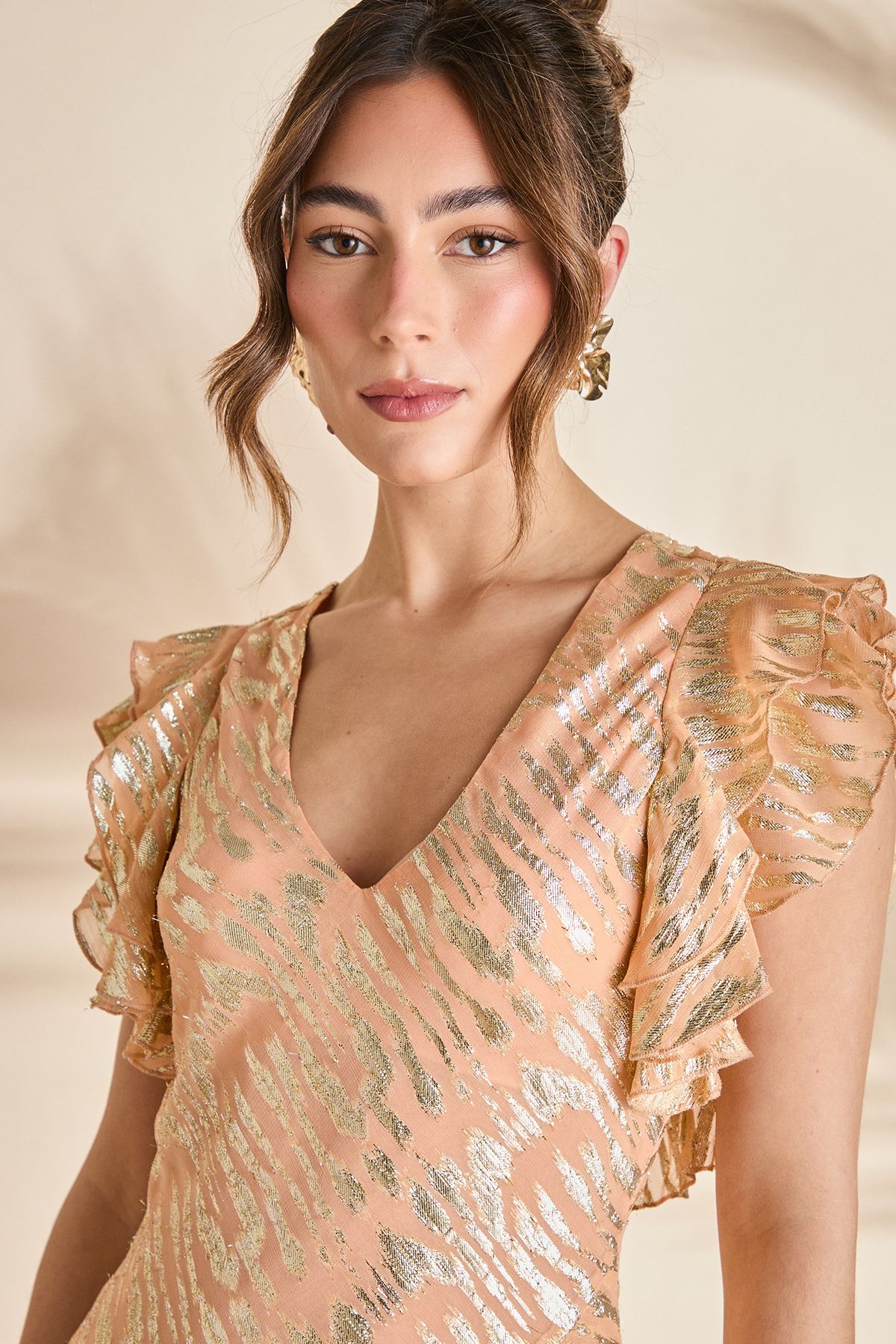 Coast Metallic Jacquard Frill Midi Dress Apricot image 4