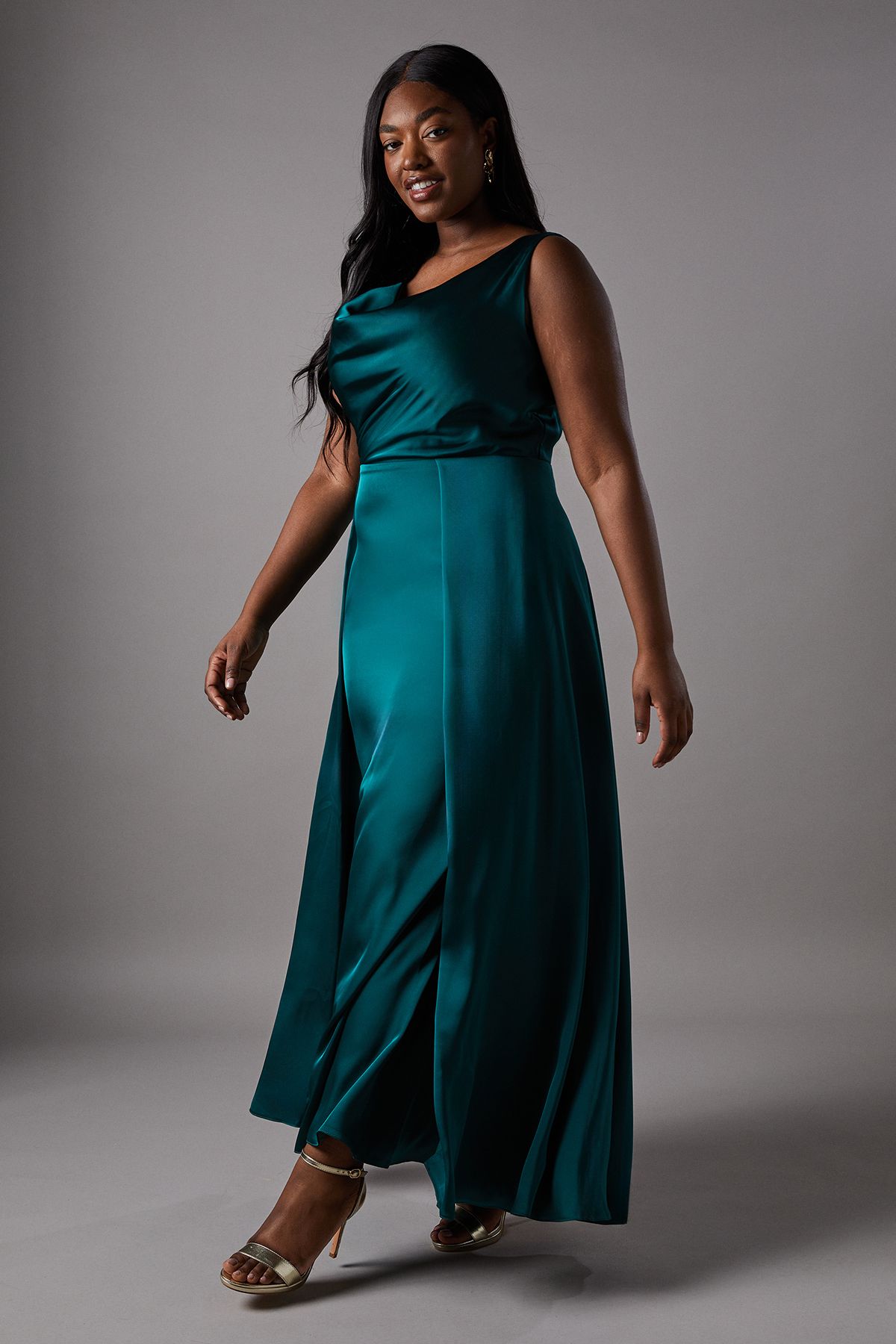 Coast Plus Size Cowl Neck A-Line Satin Bridesmaid Dress Emerald image 2