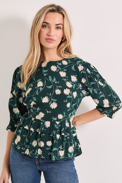 Dorothy Perkins Frill Peplum Hem Printed Blouse Black