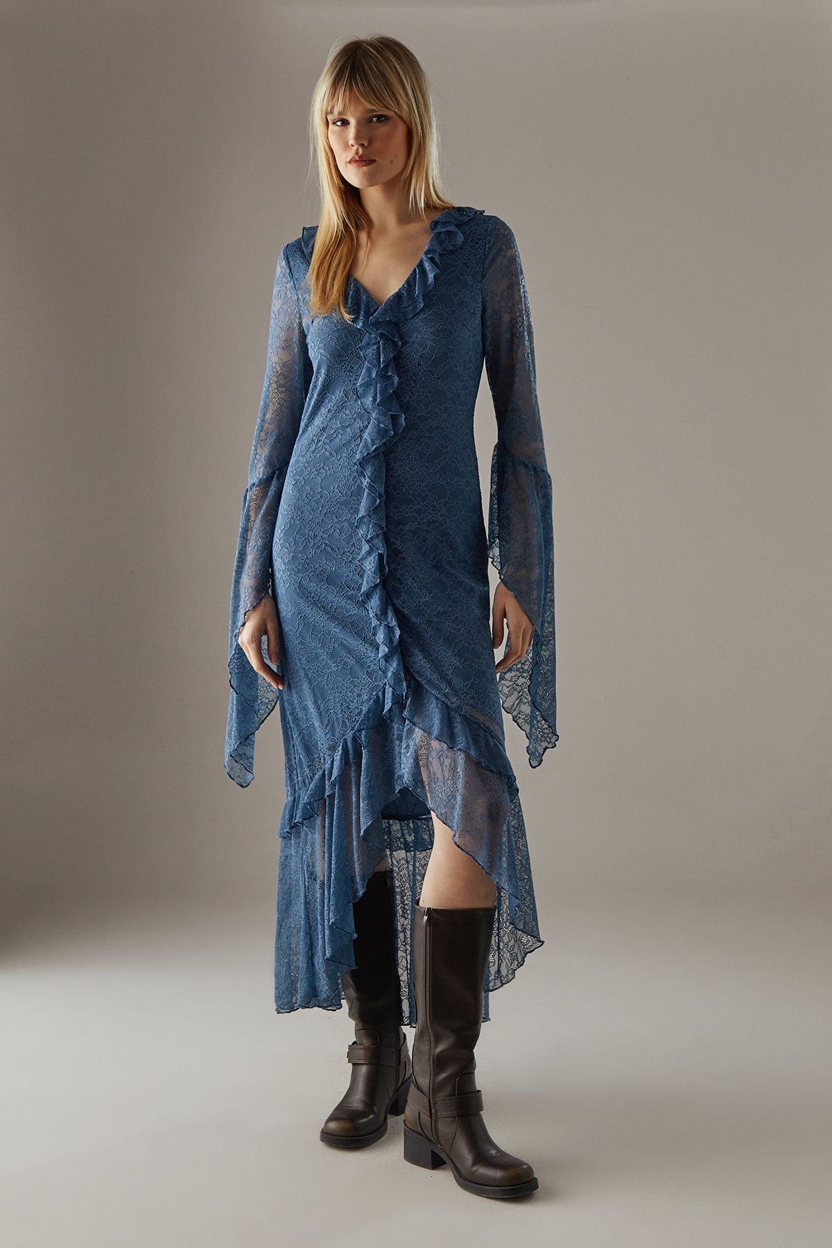 Warehouse Lace Button Through Ruffle Maxi Dress Blue image 1
