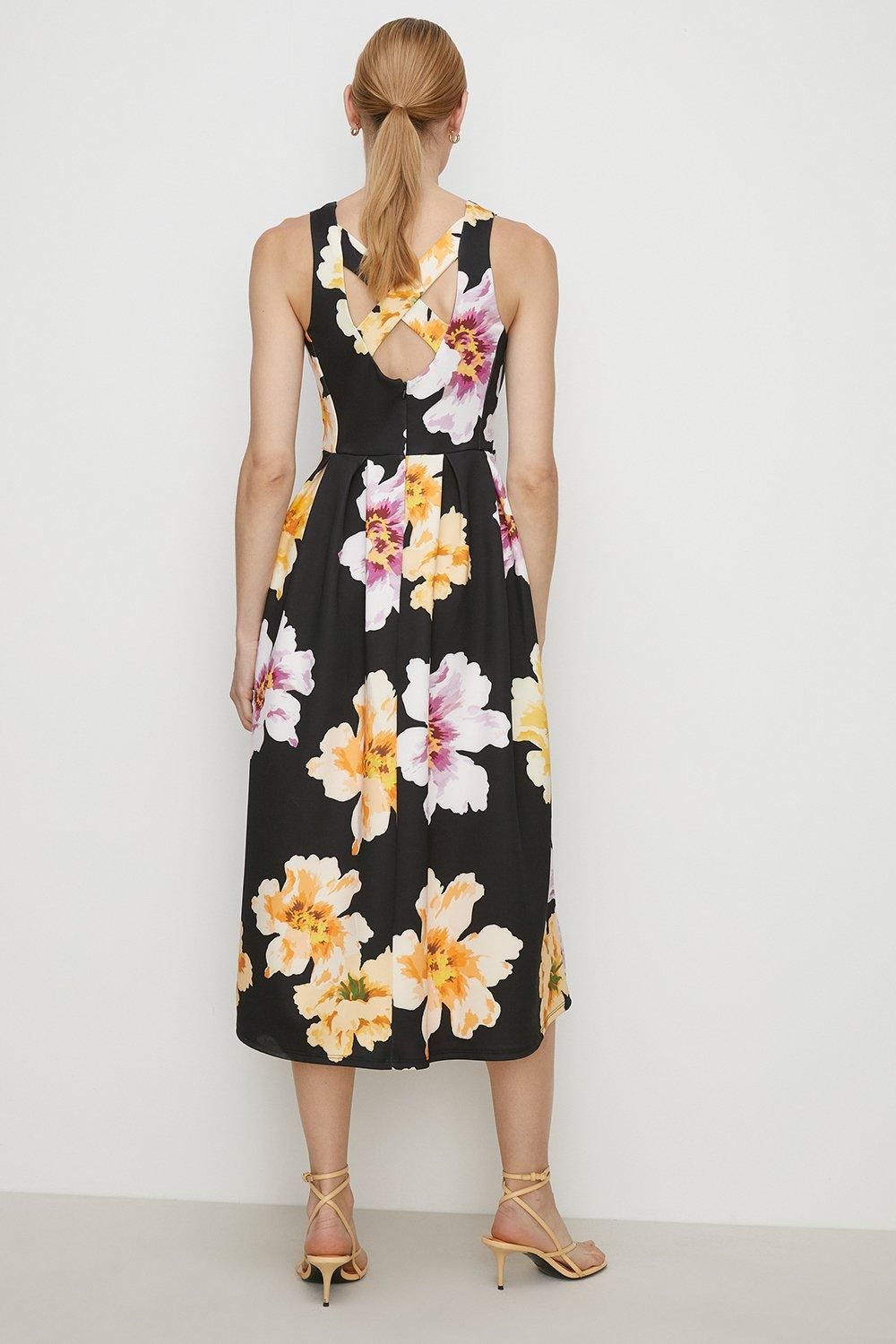 Oasis Large Floral Cross Back Scuba Midi Dress Black image 3