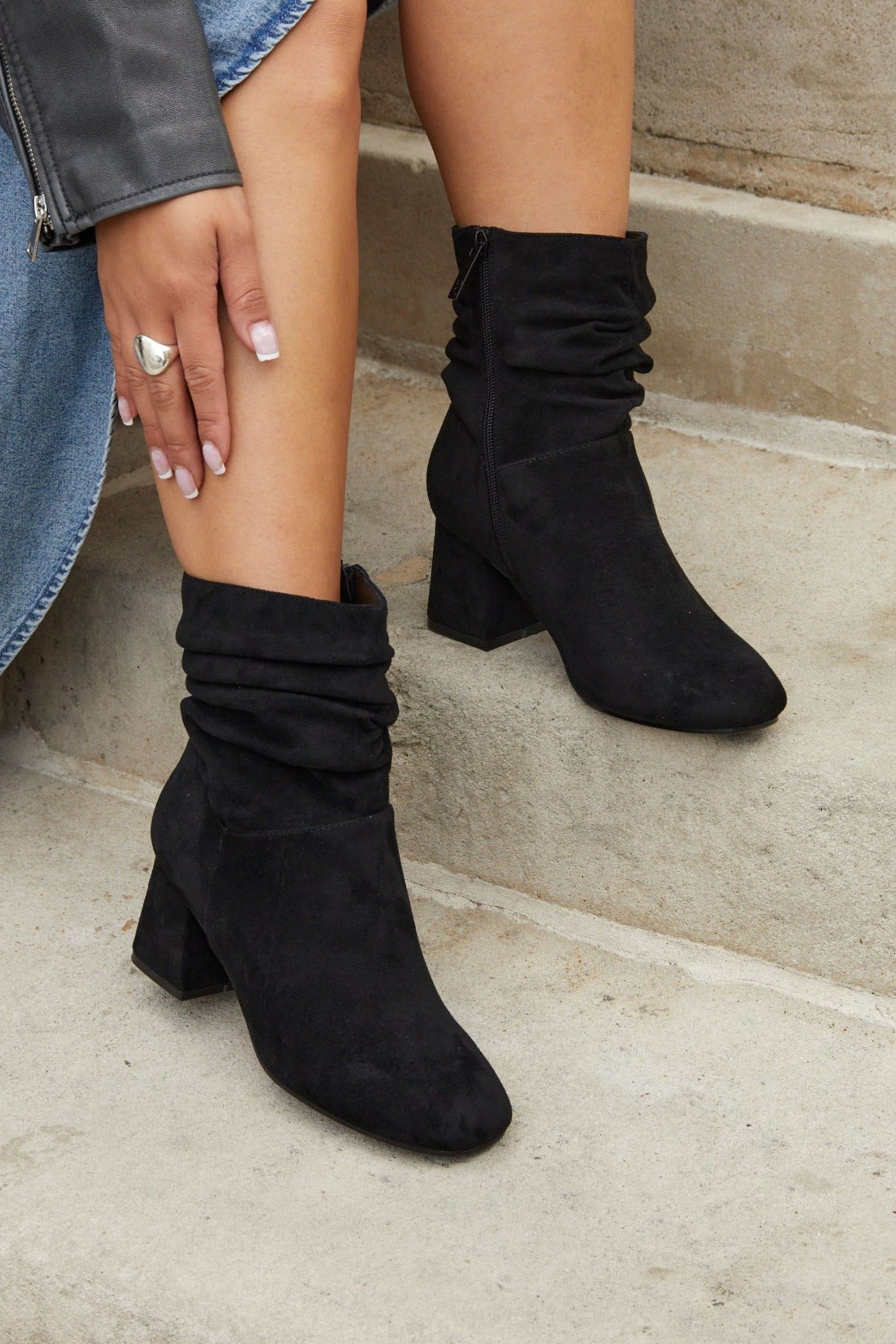 Linzi Zayda Wide Fit Black Faux Suede Ruched Heeled Ankle Boot image 2