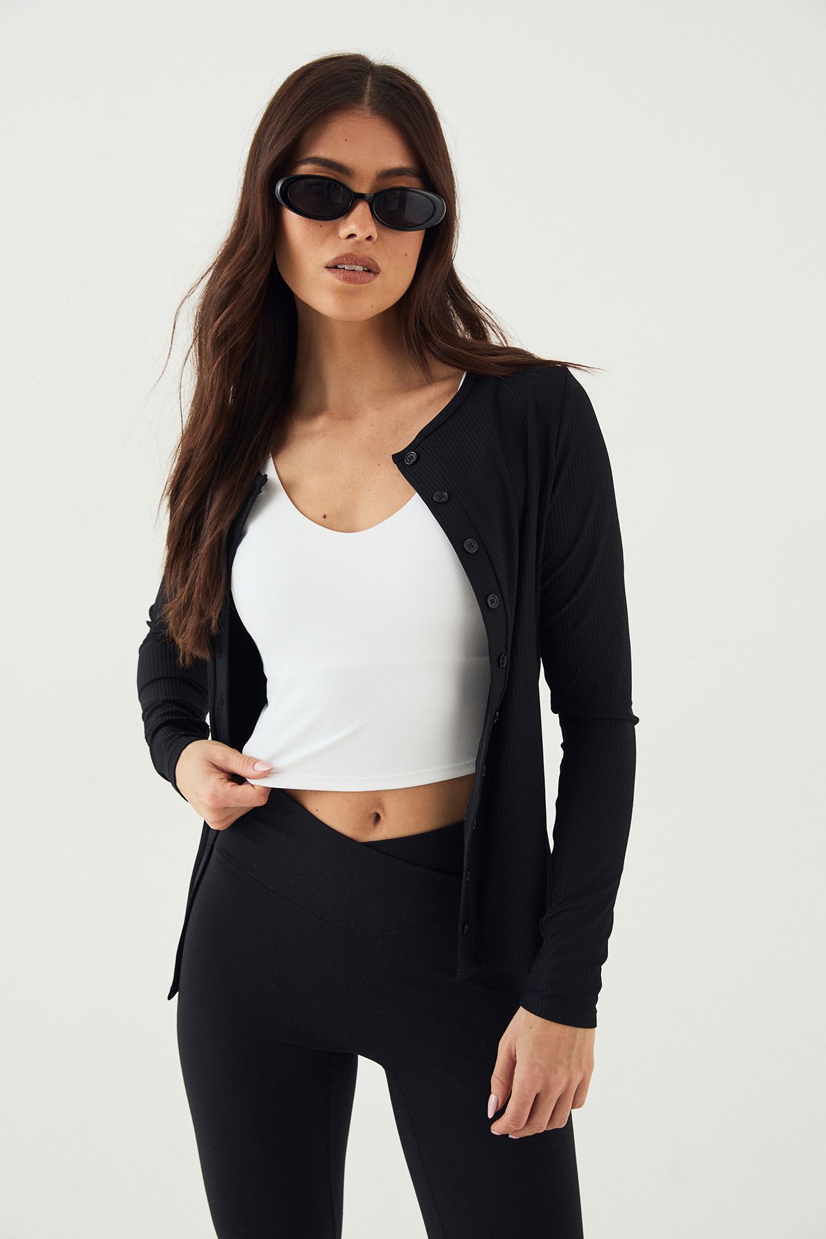 DSGN Studio DSGN Studio Ultra Sculpt Rib Button Through Long Sleeve Top Black image 3