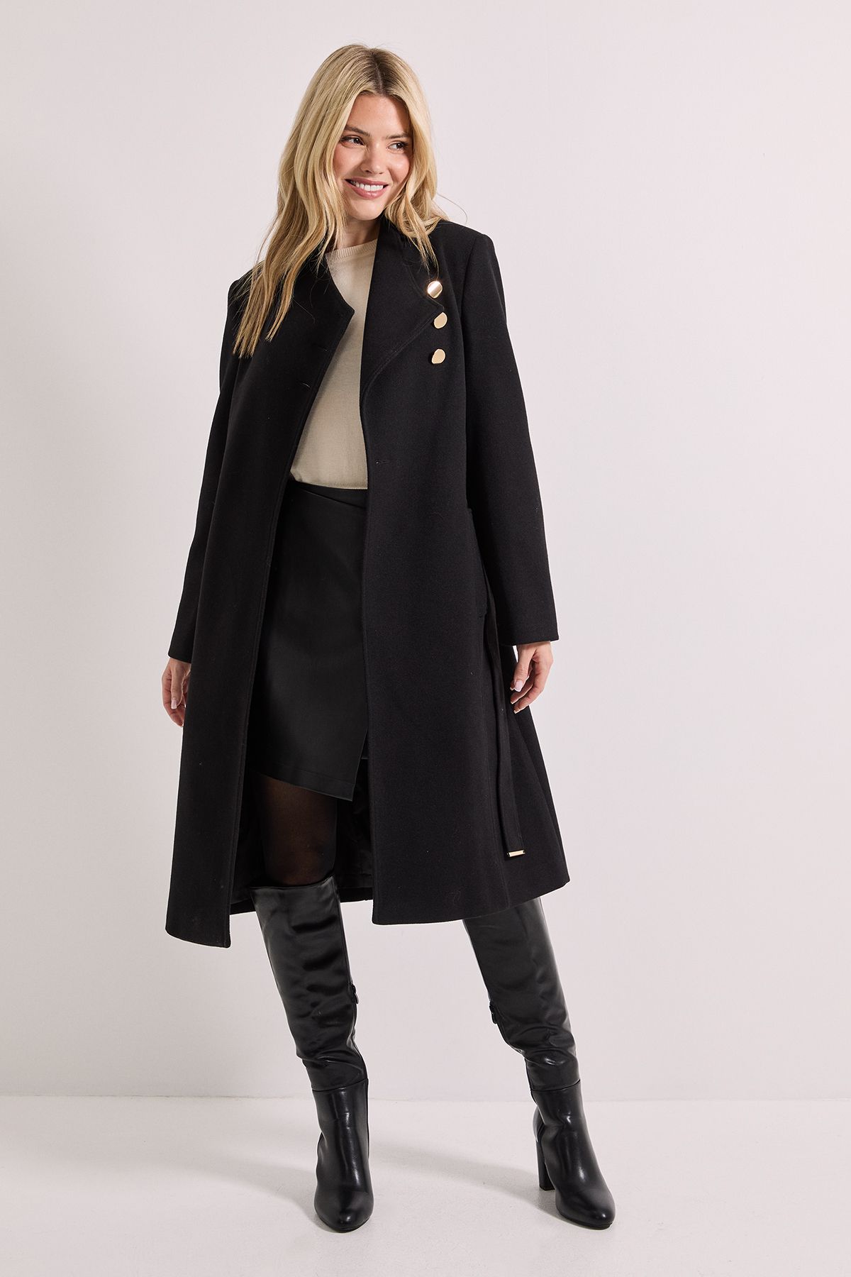 Dorothy Perkins Funnel Neck Belted Coat Black image 1