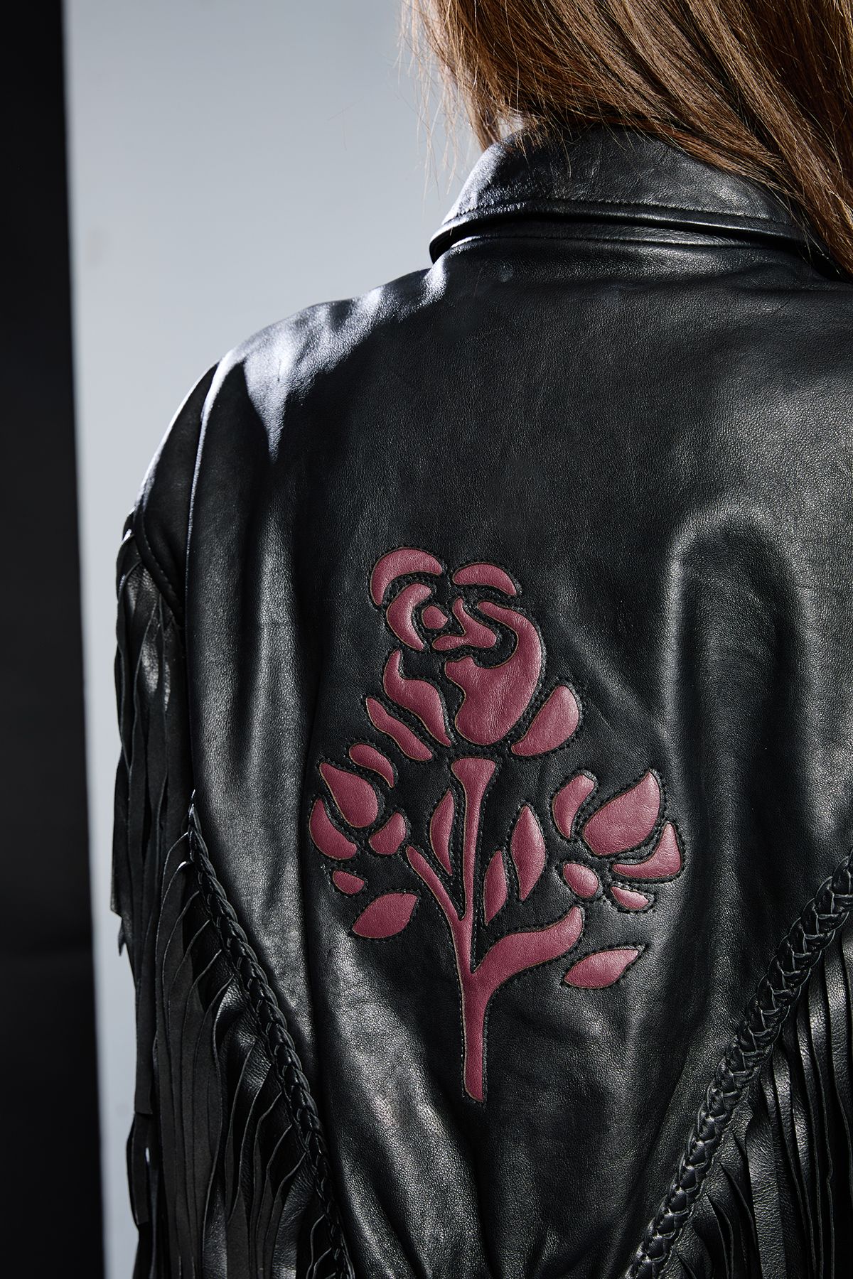 RUNWAY 1.8.1.8 Runway 1.8.1.8 Leather Rose Detail Fringed Jacket Black image 5
