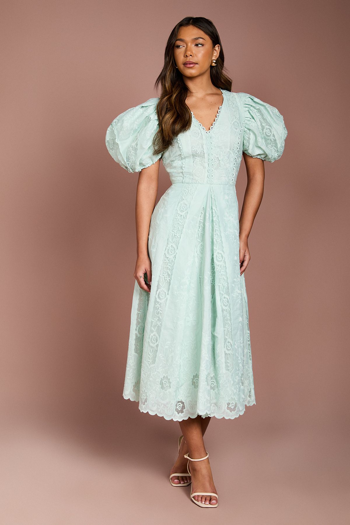 Coast Puff Sleeve Lace Midi Dress Mint image 1