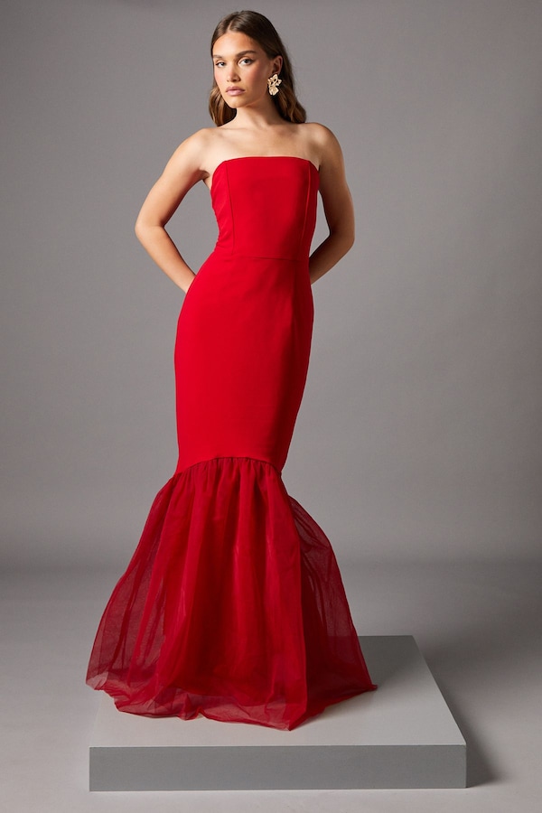 Coast Strapless Fitted Maxi Dress with Tulle Fishtail Hem Red