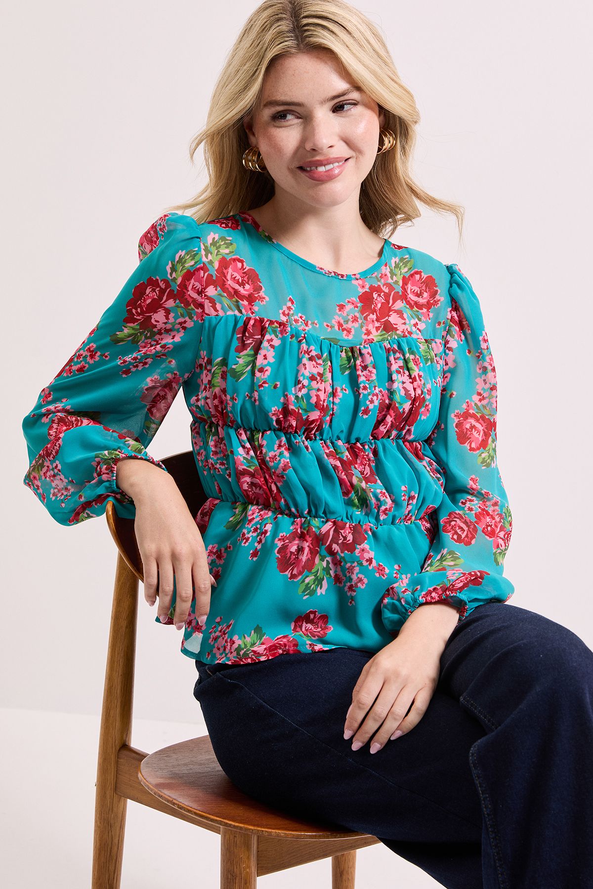 Dorothy Perkins Floral Sheer Yoke Printed Chiffon Shirred Top Floral image 1