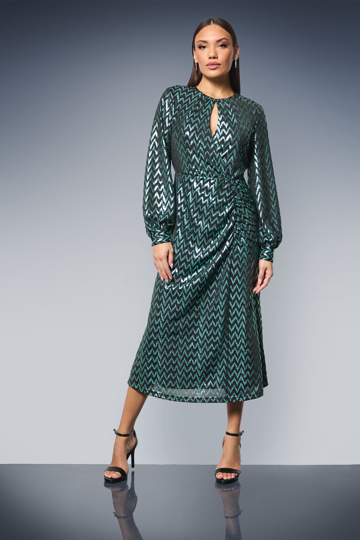 Principles Keyhole Detail Ruched Front Metallic Detail Jersey Midi Dress Green