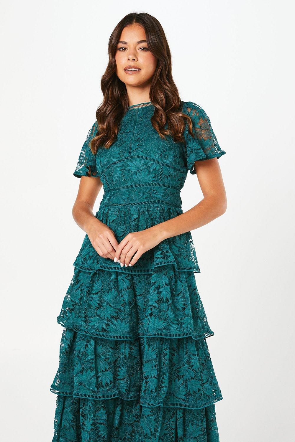 Coast Petite Tiered Lace Dress With Flutter Sleeve & Trims Dark Green image 2