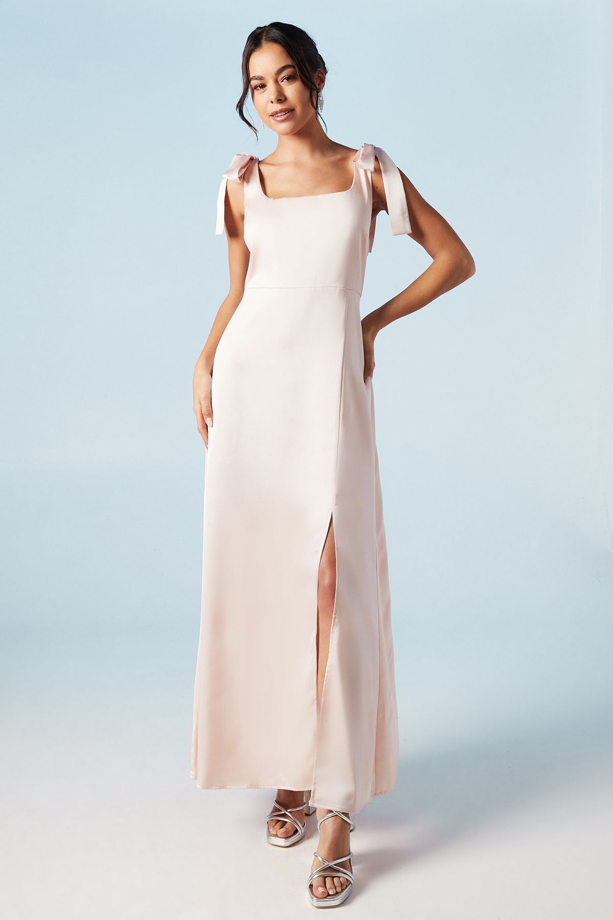 Oasis Petite Satin Tie Shoulder Midi Bridesmaid Dress Blush