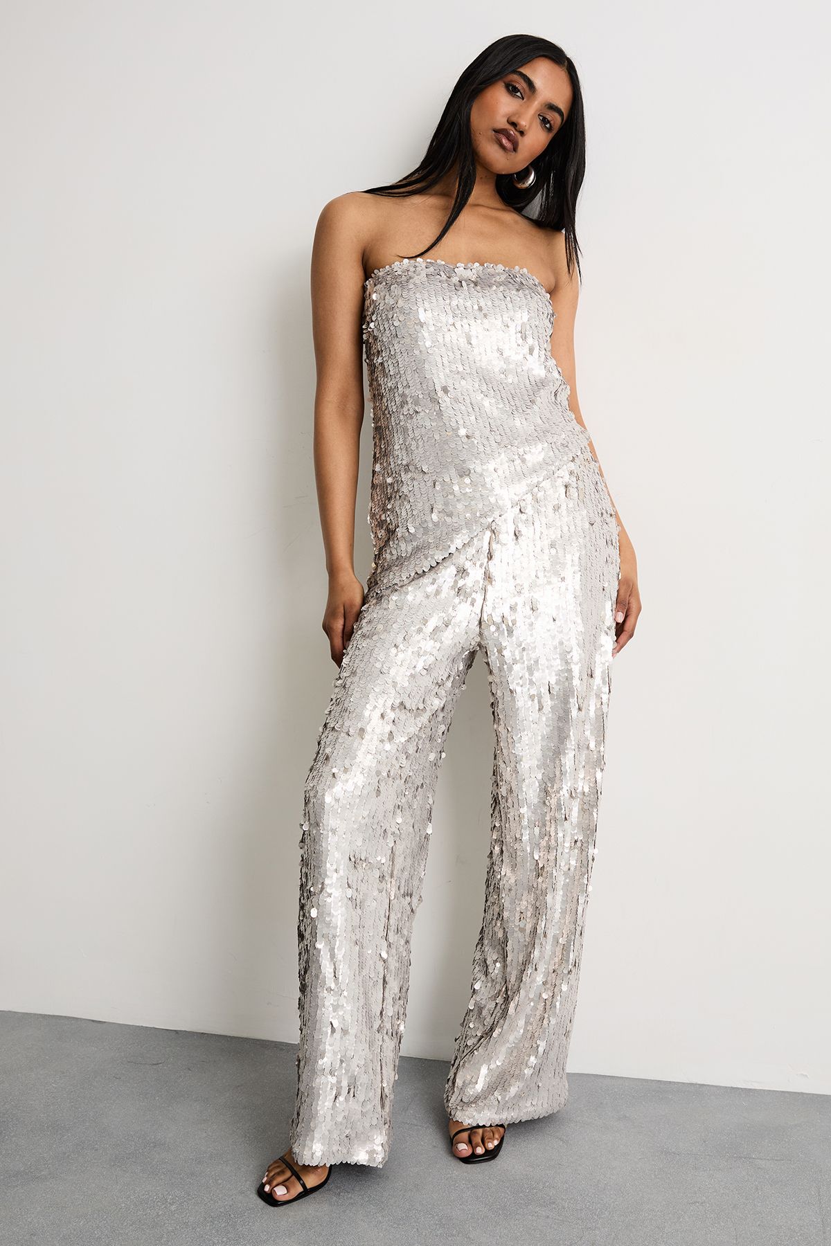 Warehouse Premium Matte Sequin Skinny Straight Trouser Silver image 1