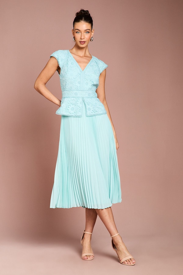 Coast V Neck Lace Bodice Peplum Midi Dress Duck Egg