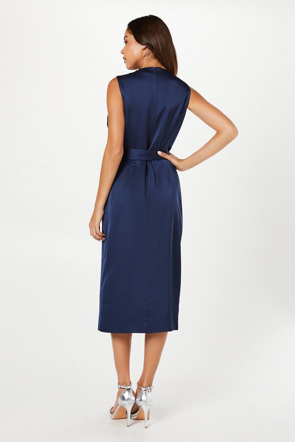 Coast Waterfall Front Belted Satin Midi Dress Navy image 3