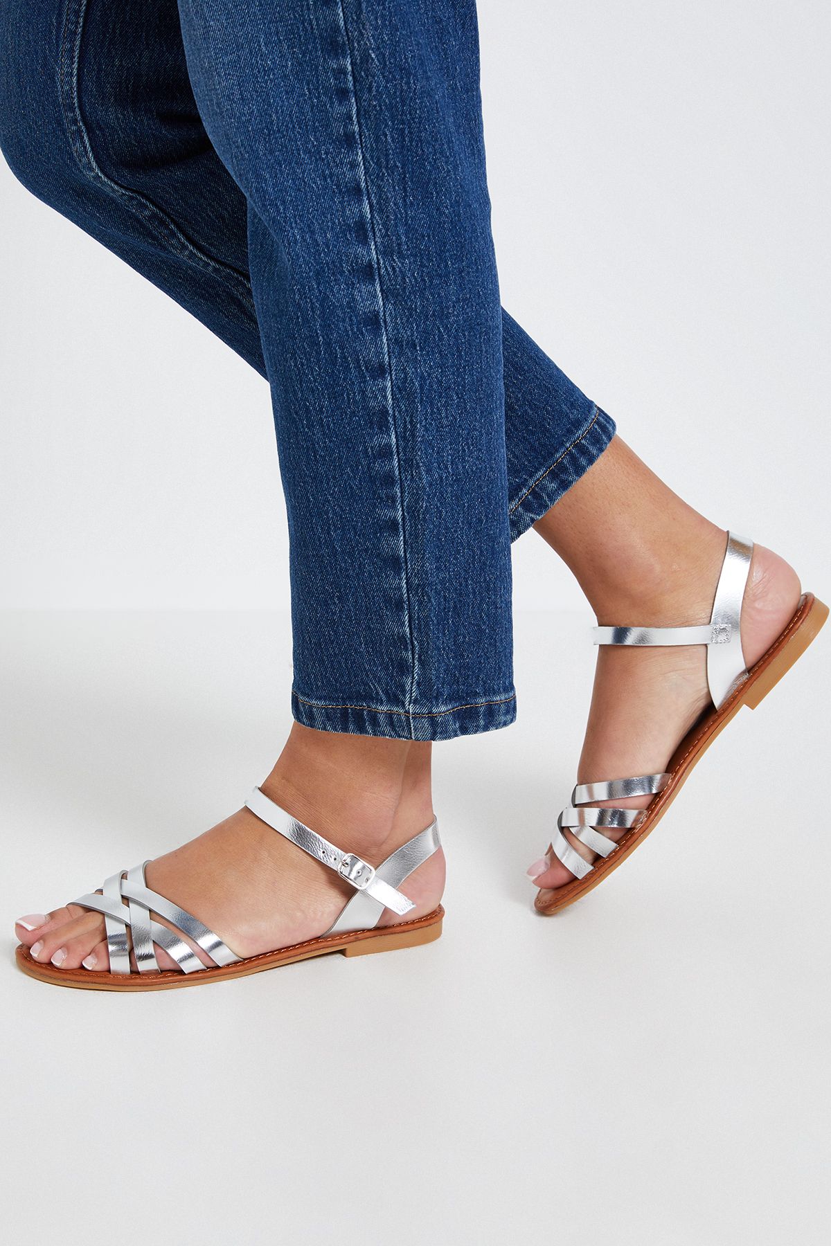 Dorothy Perkins Aida Faux Leather Cross Strap Flat Sandals Silver image 2