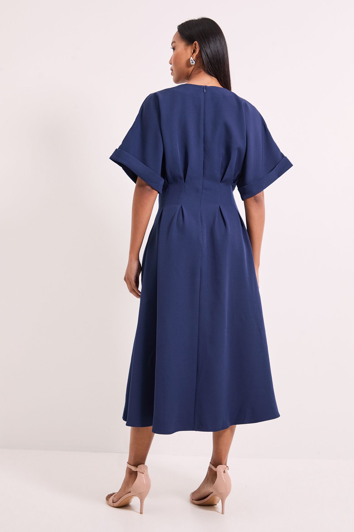 Principles Pleat Waist Relaxed Cuff Crepe Midi Dress Navy image 3