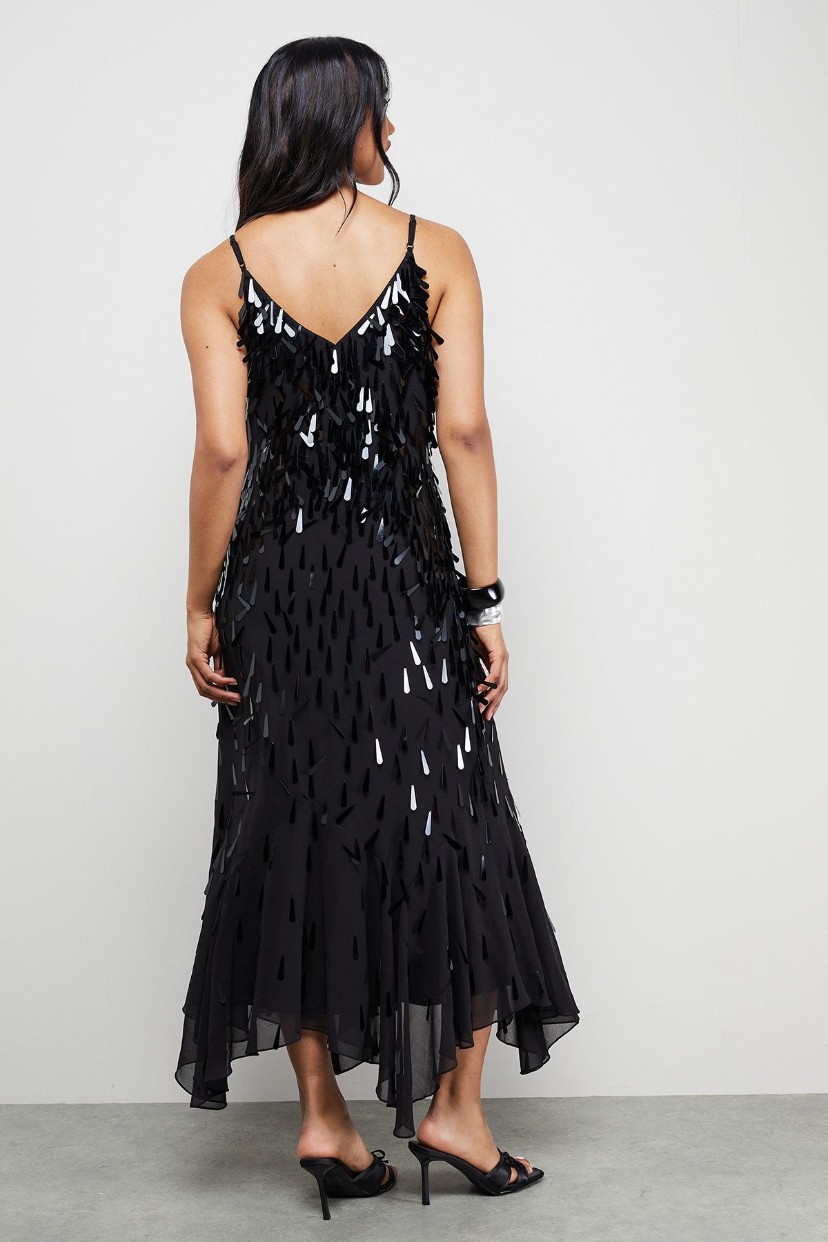 Warehouse Premium Teardrop Embellished Bias Cut Midi Dress Black image 3