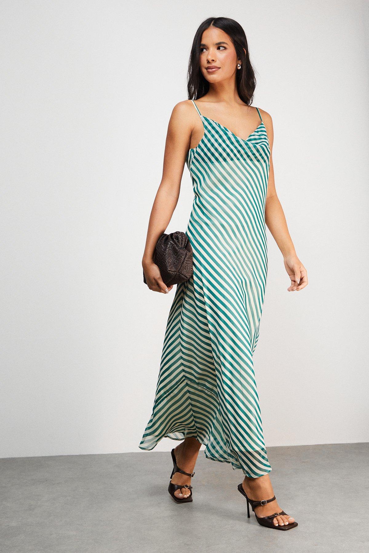 Warehouse Chiffon Stripe Cowl Bias Strappy Maxi Dress Green image 1
