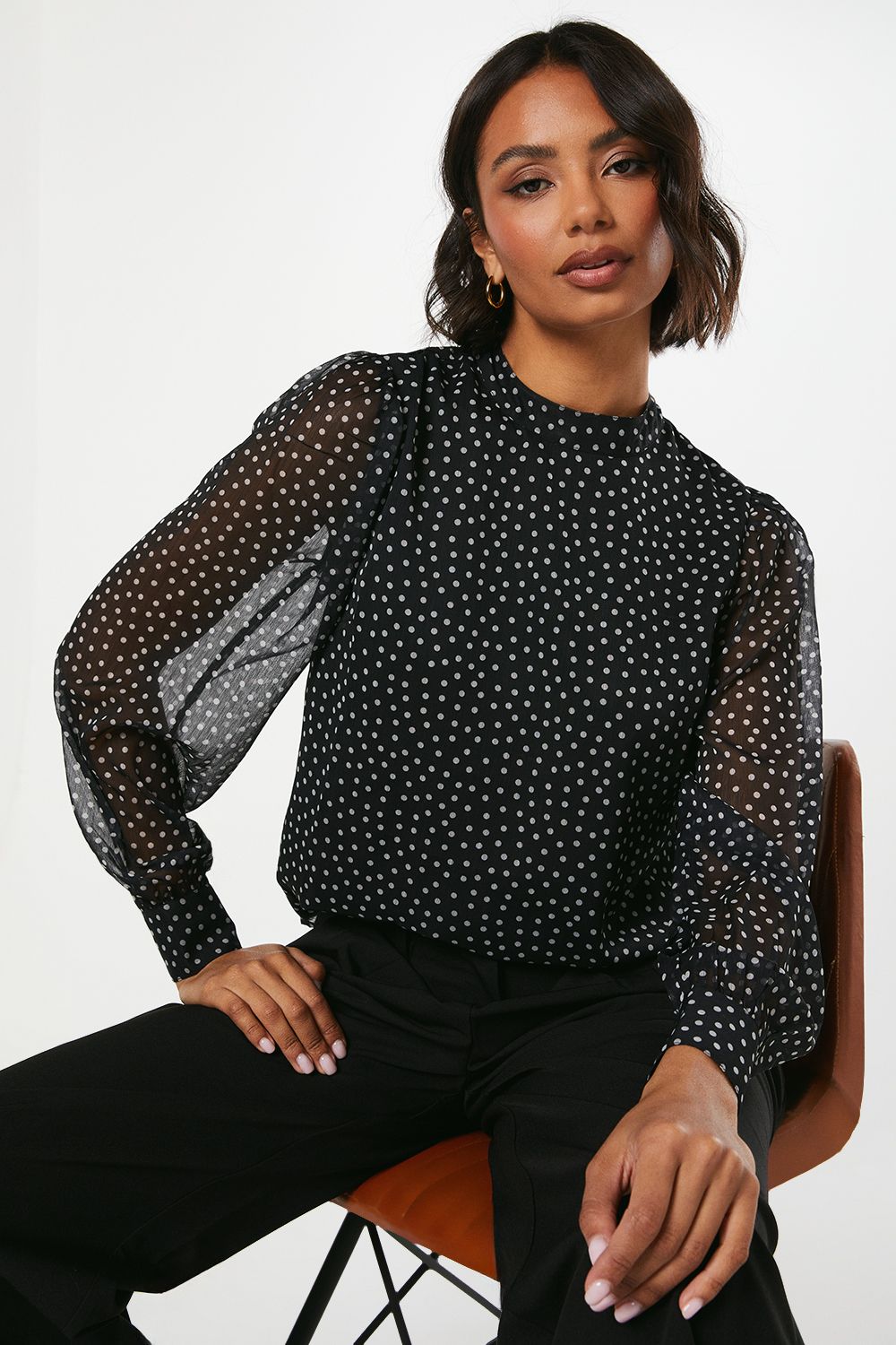 Dorothy Perkins Spot Chiffon High Neck Long Sleeve Blouse Black image 1