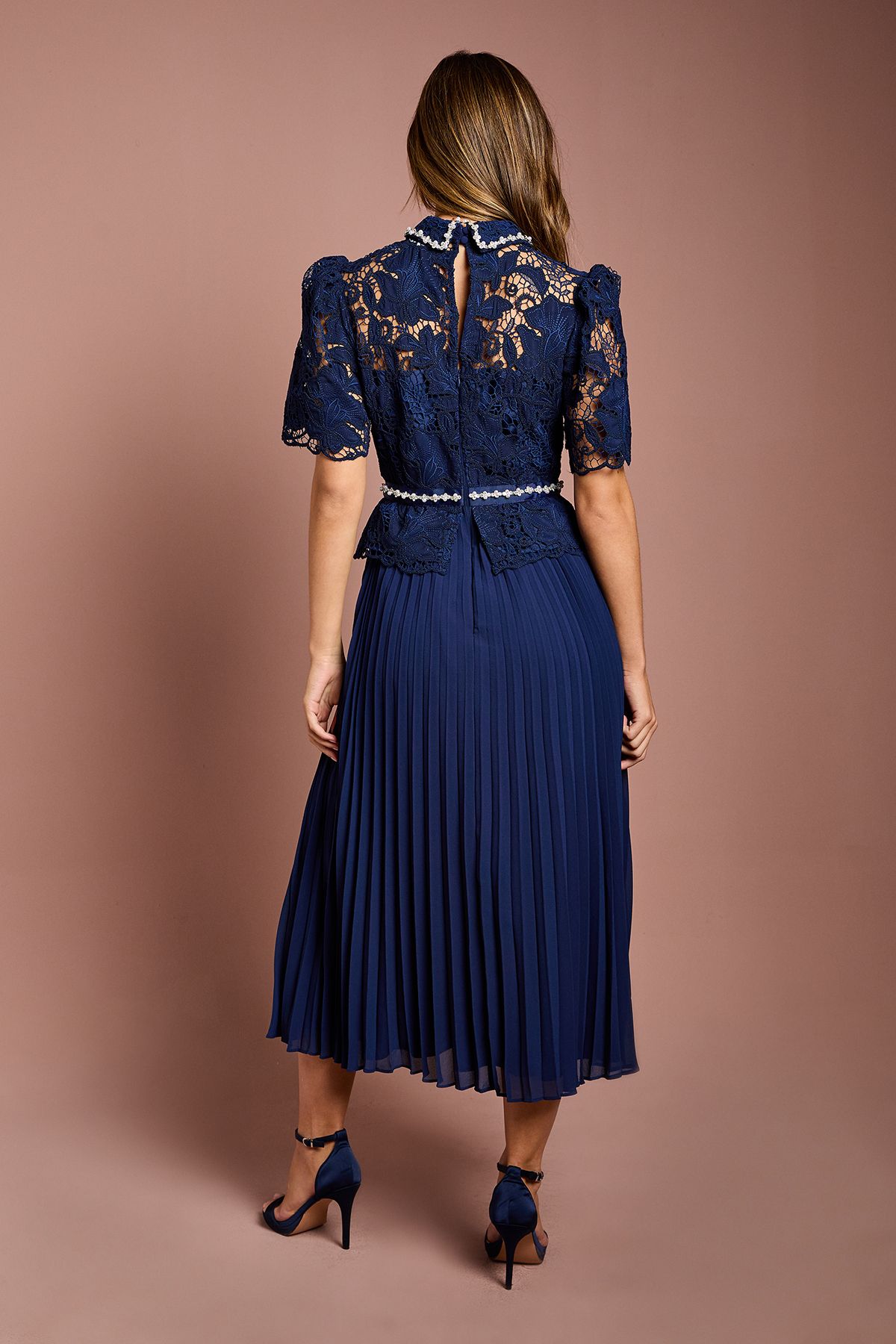 Coast Lace Top Pleat Skirt Jewel Button Dress Navy image 3