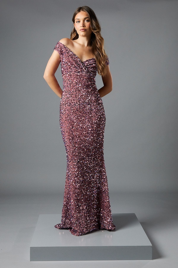 Coast Bardot Velvet Sequin Maxi Dress Blush