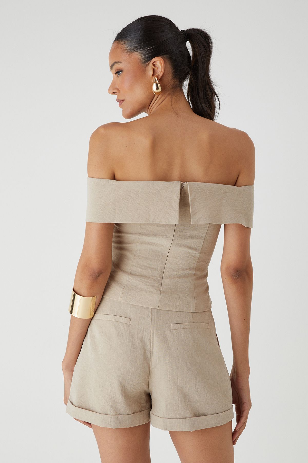 MissPap Linen Look Bardot Fold Over Top Stone image 4