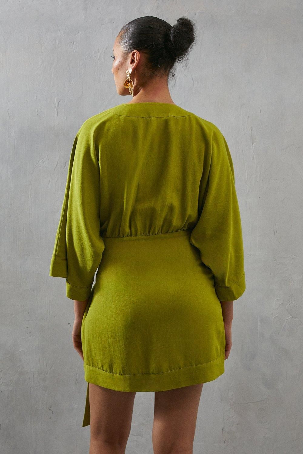 Warehouse Linen Wrap Kimono Mini Dress Chartreuse image 3