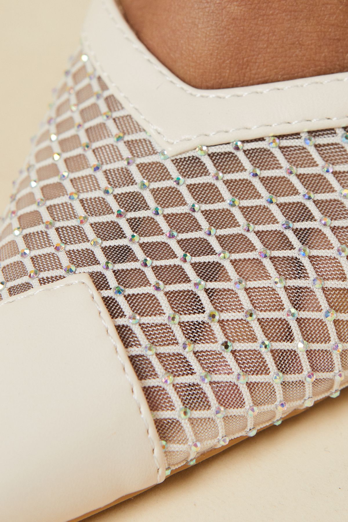 Dorothy Perkins Dallet Mesh Diamante Ankle Strap Stiletto Court Shoe Beige image 4