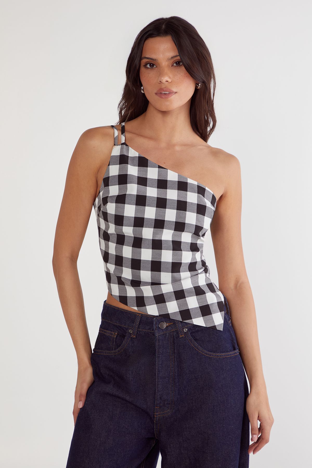 NastyGal Gingham Tailored Asym Neck Top Mono image 3