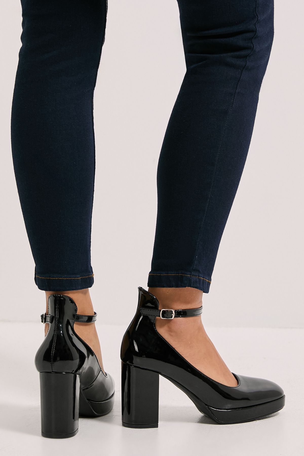 Dorothy Perkins Vanessa Faux Patent Leather Platform Ankle Strap High Block Heel Court Shoes True Black image 3