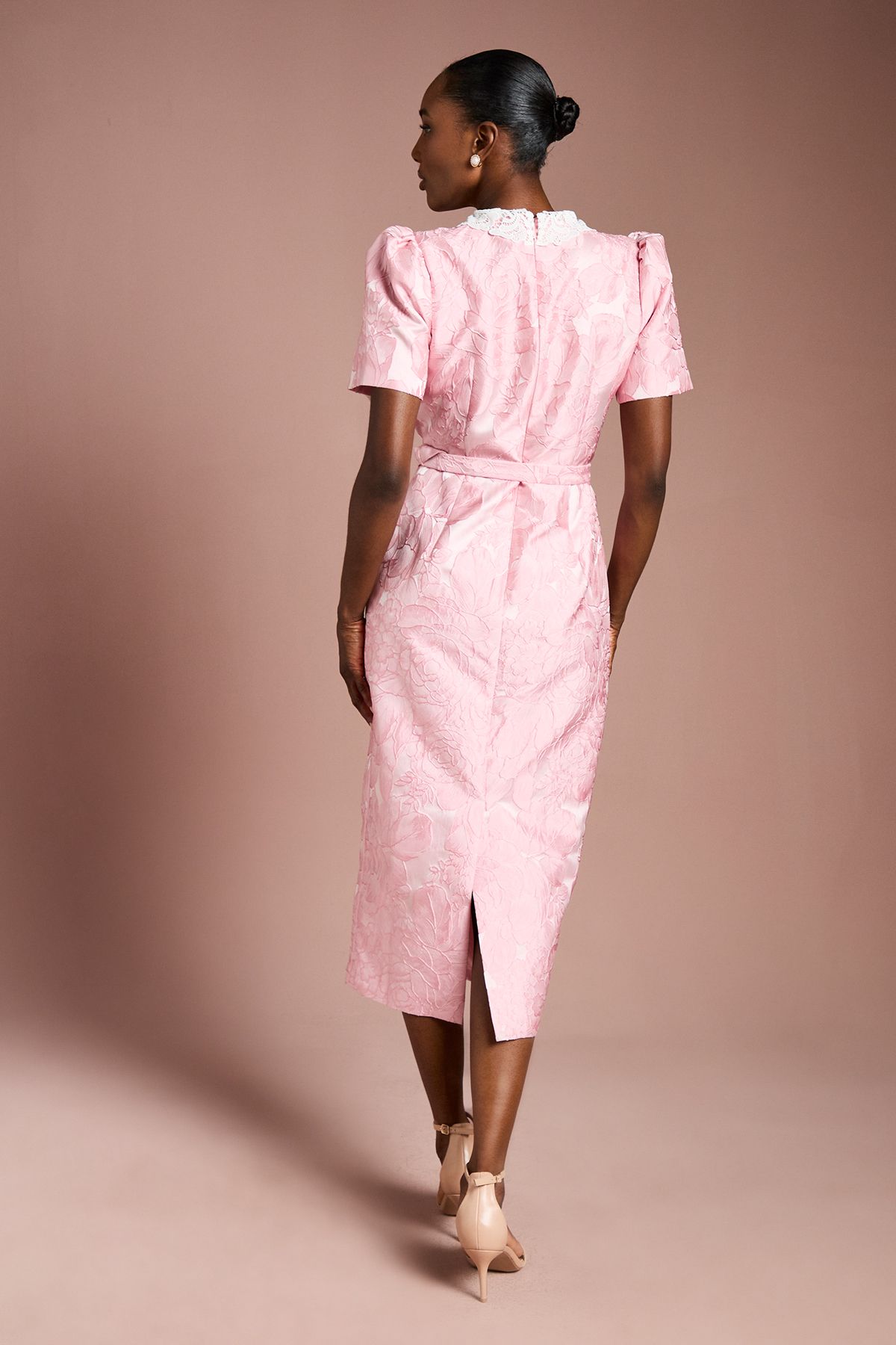 Coast Puff Sleeve Collared Jacquard Midi Dress Blush image 3