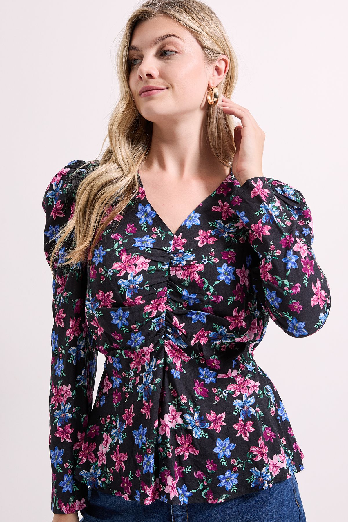 Dorothy Perkins Black Floral Button Detail Printed Peplum Blouse Floral image 3
